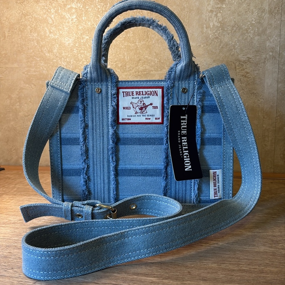NWT. True Religion Striped Denim Tote in Light Blue gorgeous bag